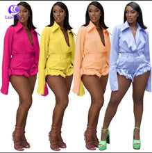 Load image into Gallery viewer, Puffina two piece set shorts long sleeve crop top blouse
